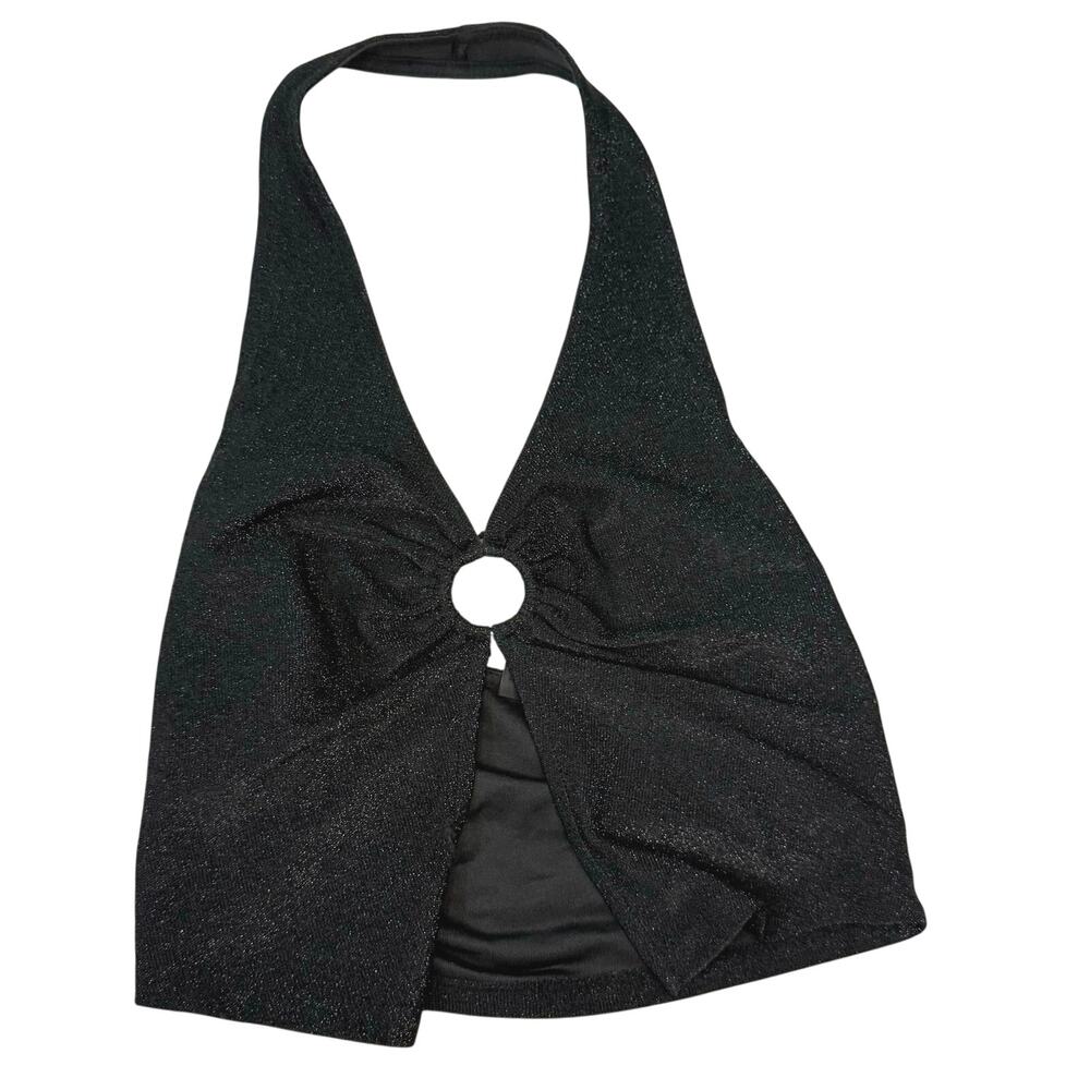 H&M Divided Black Shimmer Halter O-Ring Cutout Top Size Small